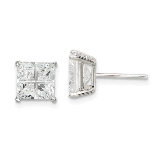 QE7520 Sterling Silver 7mm Square Cross-cut CZ Basket Set Stud Earrings