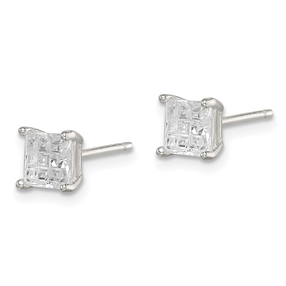 QE7529 Sterling Silver 5mm Square Laser-cut CZ Basket Set Stud Earrings