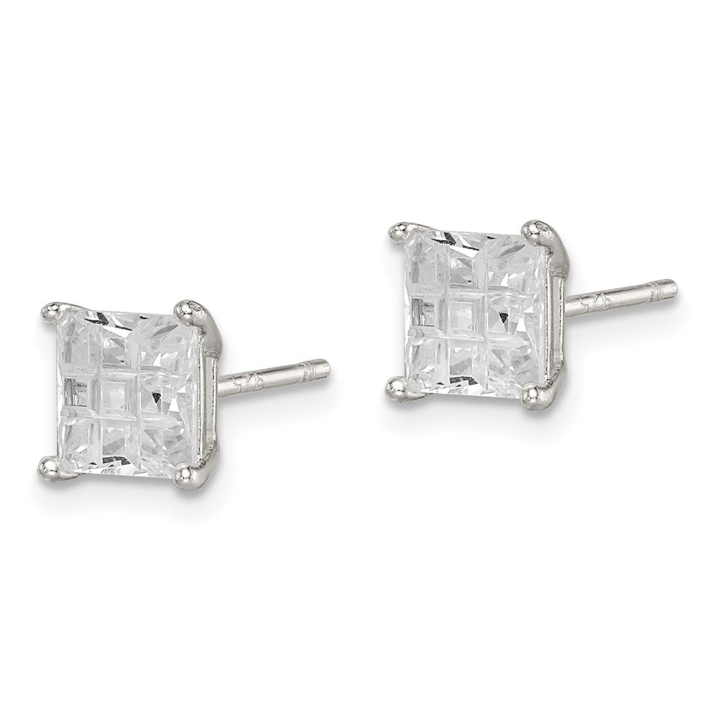 QE7530 Sterling Silver 6mm Square Laser-cut CZ Basket Set Stud Earrings