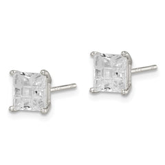 QE7530 Sterling Silver 6mm Square Laser-cut CZ Basket Set Stud Earrings