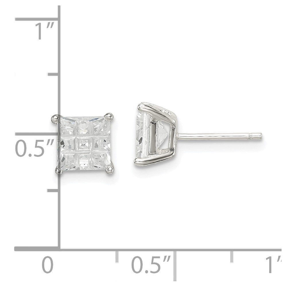 QE7530 Sterling Silver 6mm Square Laser-cut CZ Basket Set Stud Earrings