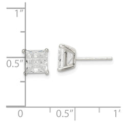 QE7530 Sterling Silver 6mm Square Laser-cut CZ Basket Set Stud Earrings