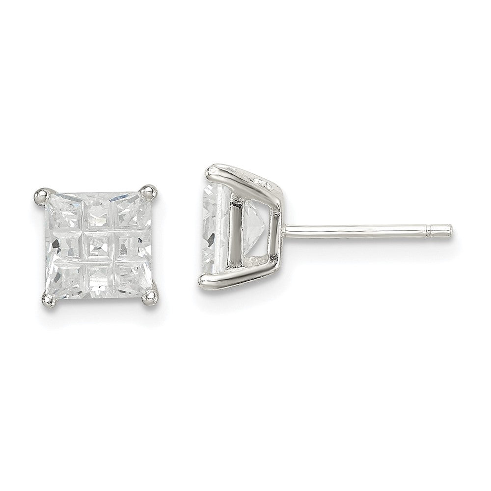 QE7530 Sterling Silver 6mm Square Laser-cut CZ Basket Set Stud Earrings