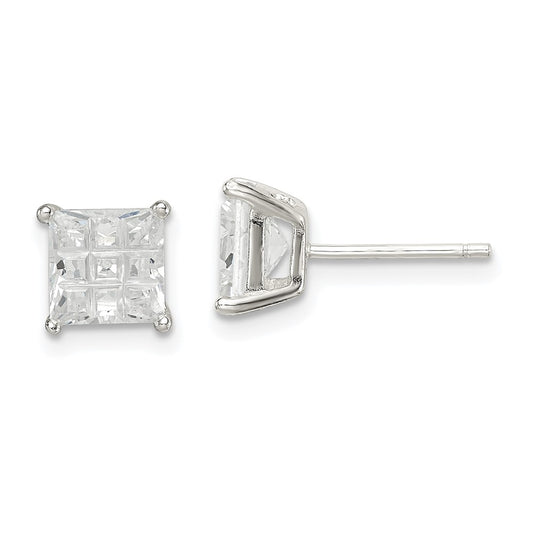 QE7530 Sterling Silver 6mm Square Laser-cut CZ Basket Set Stud Earrings