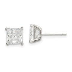QE7530 Sterling Silver 6mm Square Laser-cut CZ Basket Set Stud Earrings