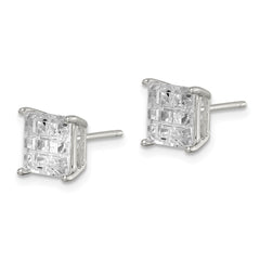 QE7531 Sterling Silver 7mm Square Laser-cut CZ Basket Set Stud Earrings