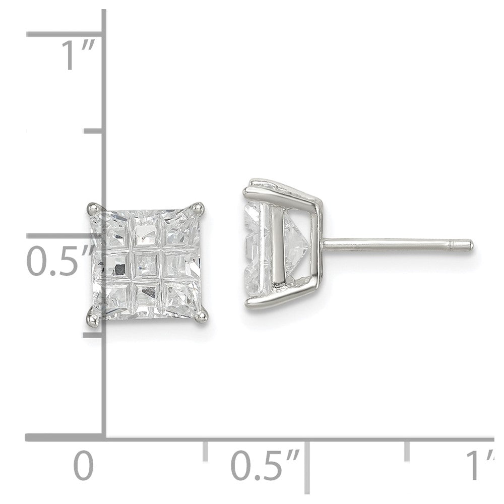 QE7531 Sterling Silver 7mm Square Laser-cut CZ Basket Set Stud Earrings
