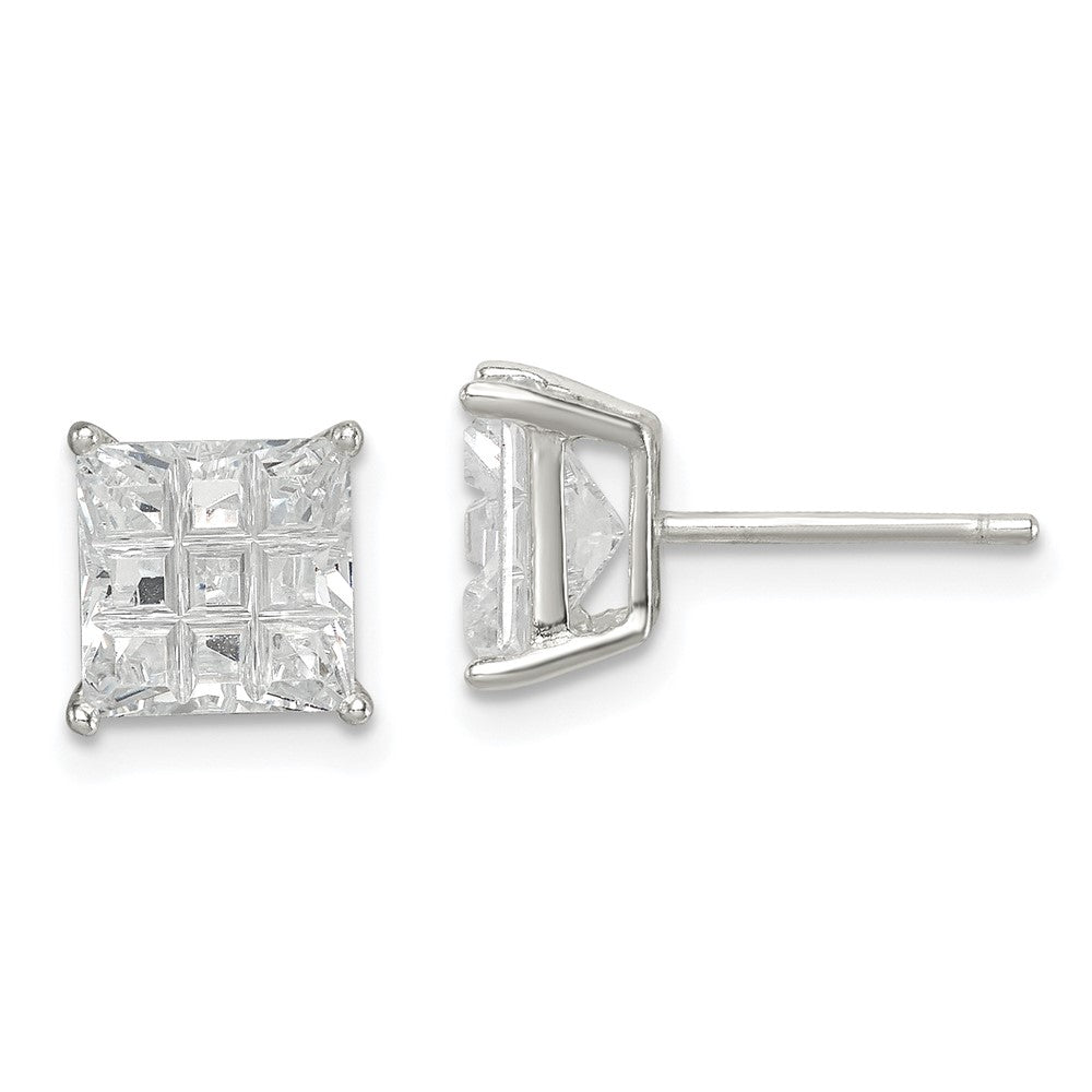 QE7531 Sterling Silver 7mm Square Laser-cut CZ Basket Set Stud Earrings