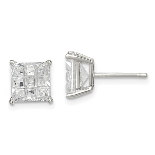 QE7531 Sterling Silver 7mm Square Laser-cut CZ Basket Set Stud Earrings