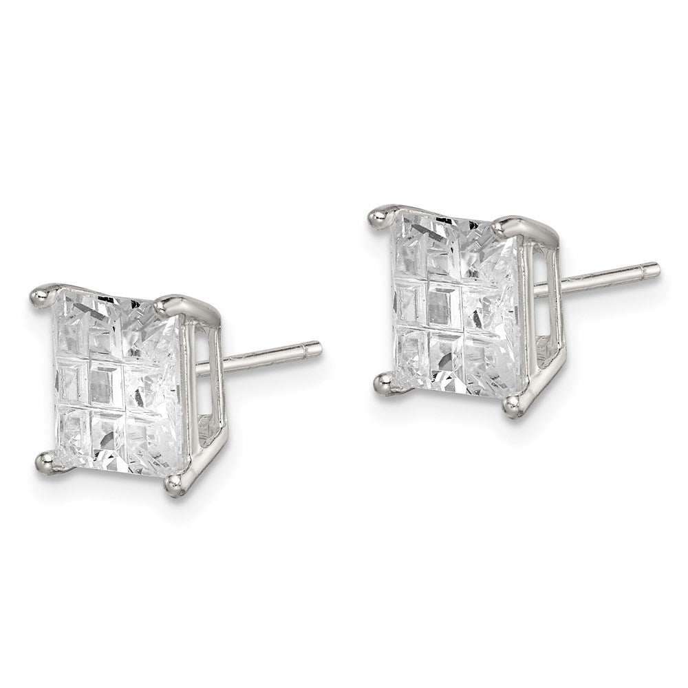 QE7532 Sterling Silver 8mm Square Laser-cut CZ Basket Set Stud Earrings