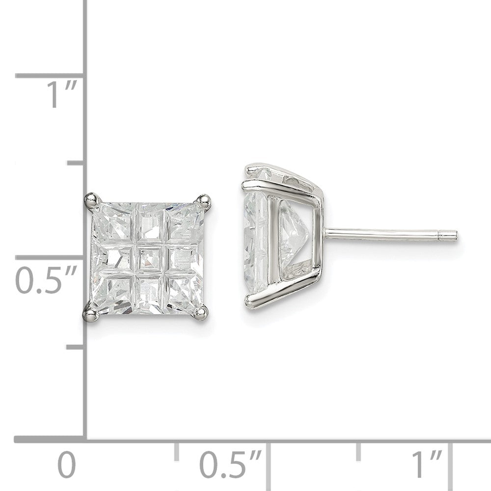 QE7532 Sterling Silver 8mm Square Laser-cut CZ Basket Set Stud Earrings