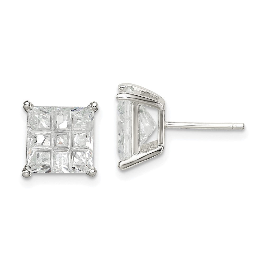 QE7532 Sterling Silver 8mm Square Laser-cut CZ Basket Set Stud Earrings