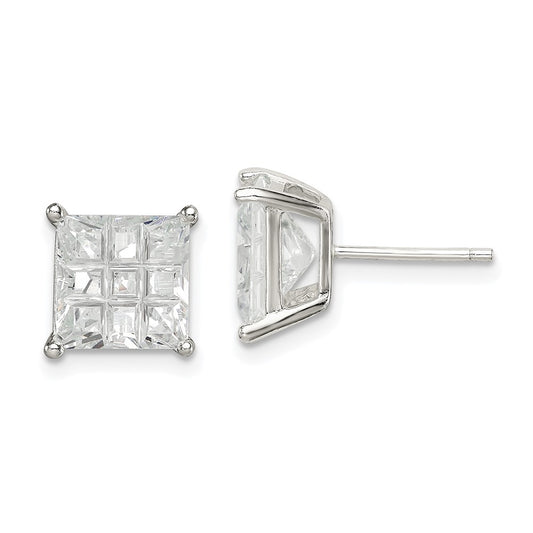 QE7532 Sterling Silver 8mm Square Laser-cut CZ Basket Set Stud Earrings