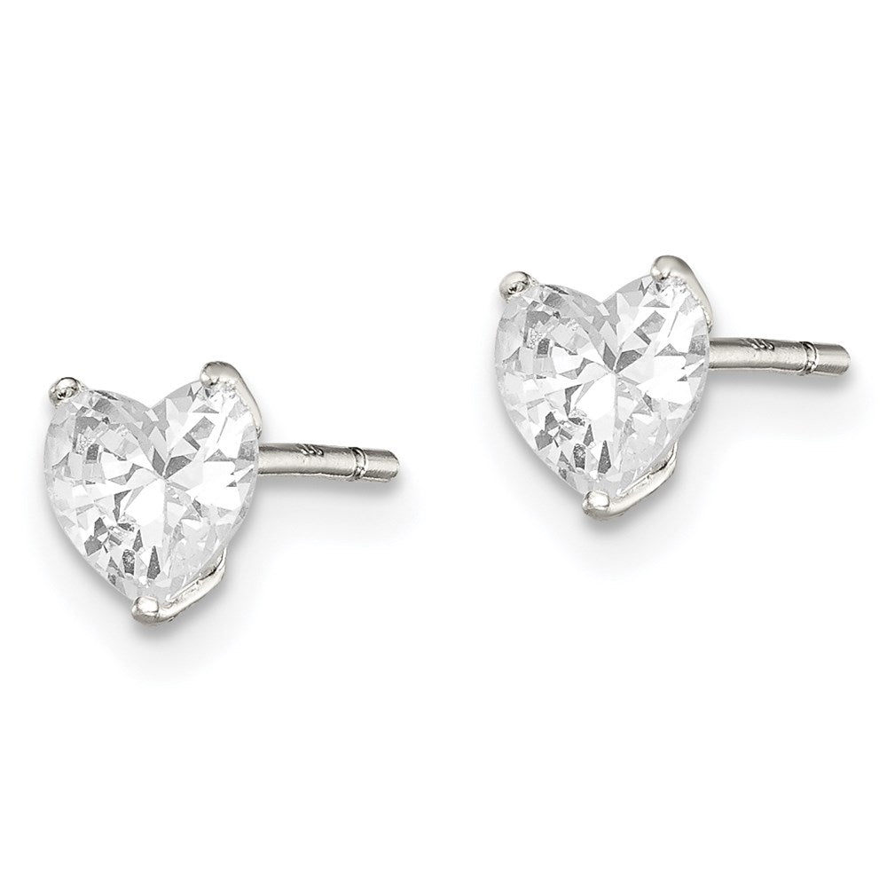 QE7536 Sterling Silver Polished 5mm Heart 3 Prong Basket Set CZ Stud Earrings