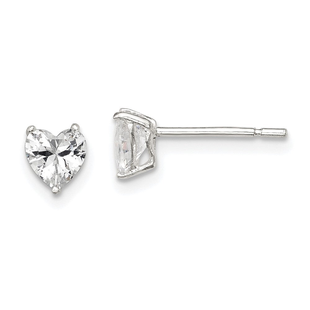 QE7536 Sterling Silver Polished 5mm Heart 3 Prong Basket Set CZ Stud Earrings