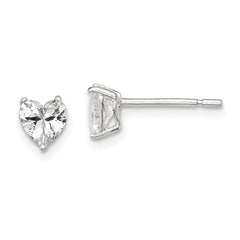 QE7536 Sterling Silver Polished 5mm Heart 3 Prong Basket Set CZ Stud Earrings