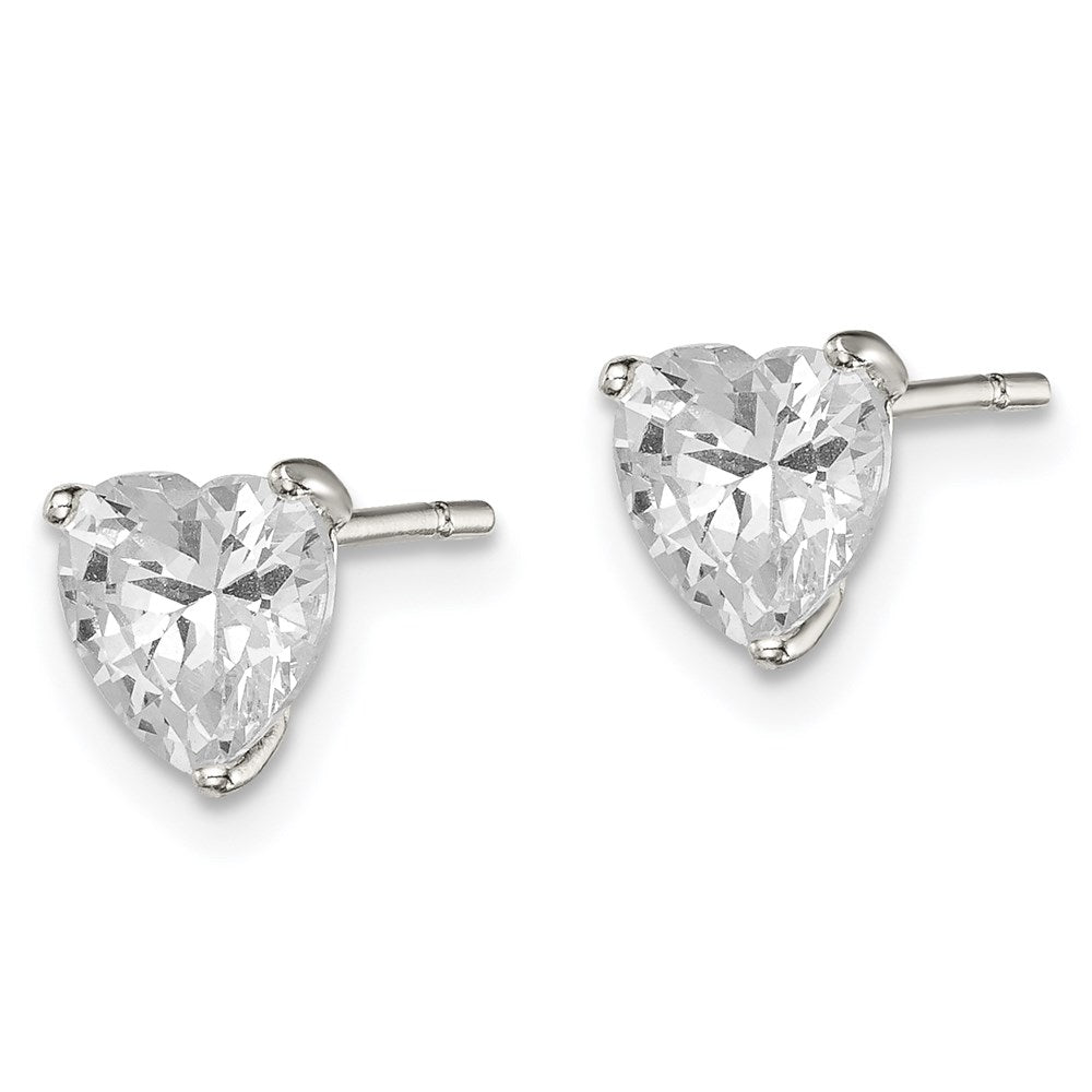 QE7537 Sterling Silver Polished 6mm Heart 3 Prong Basket Set CZ Stud Earrings