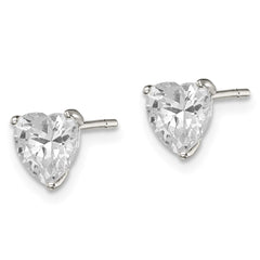 QE7537 Sterling Silver Polished 6mm Heart 3 Prong Basket Set CZ Stud Earrings
