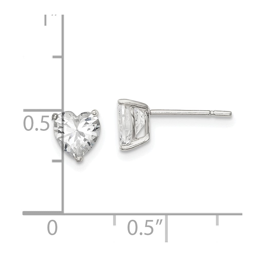 QE7537 Sterling Silver Polished 6mm Heart 3 Prong Basket Set CZ Stud Earrings