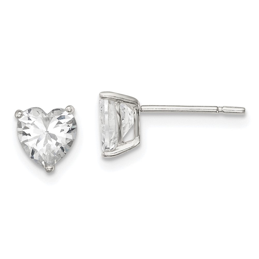 QE7537 Sterling Silver Polished 6mm Heart 3 Prong Basket Set CZ Stud Earrings