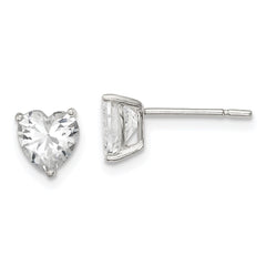QE7537 Sterling Silver Polished 6mm Heart 3 Prong Basket Set CZ Stud Earrings