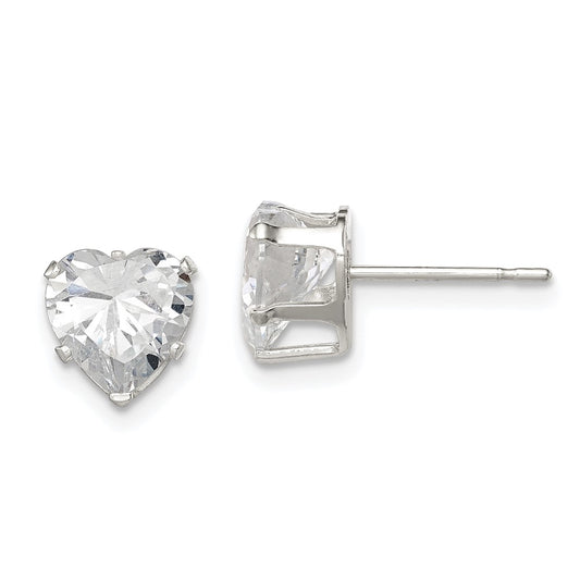 QE7538 Sterling Silver Polished 7mm Heart Snap Set CZ Stud Earrings