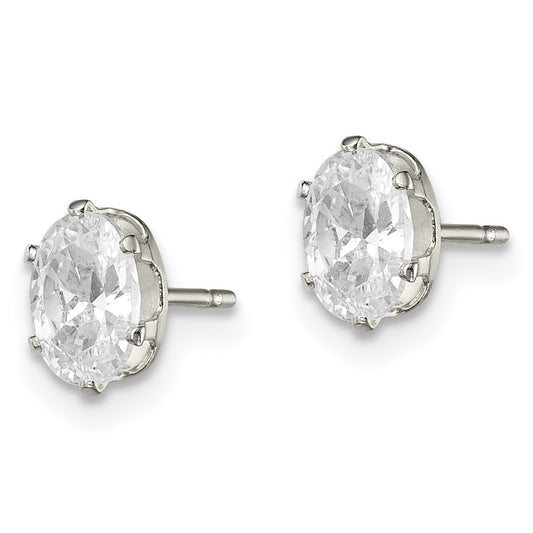 QE7543 Sterling Silver Polished 6x4mm Oval Snap Set CZ Stud Earrings