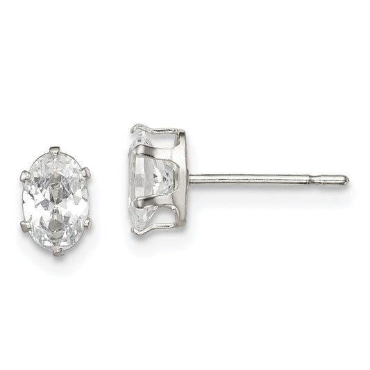 QE7543 Sterling Silver Polished 6x4mm Oval Snap Set CZ Stud Earrings