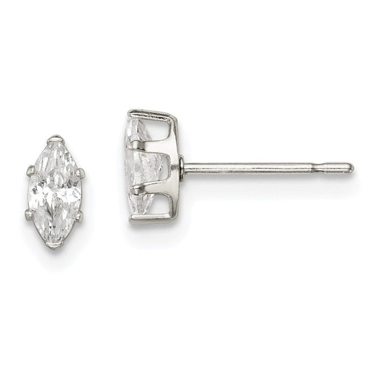QE7552 Sterling Silver Polished 6x3mm Marquise Snap Set CZ Stud Earrings