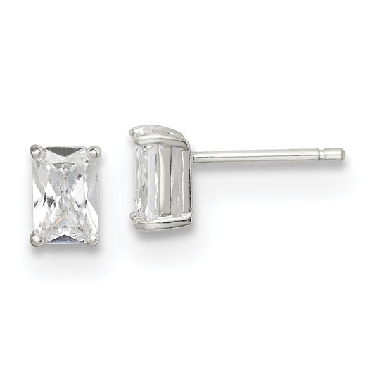 QE7556 Sterling Silver Polished Emerald-cut 6x4mm Basket Set CZ Stud Earrings
