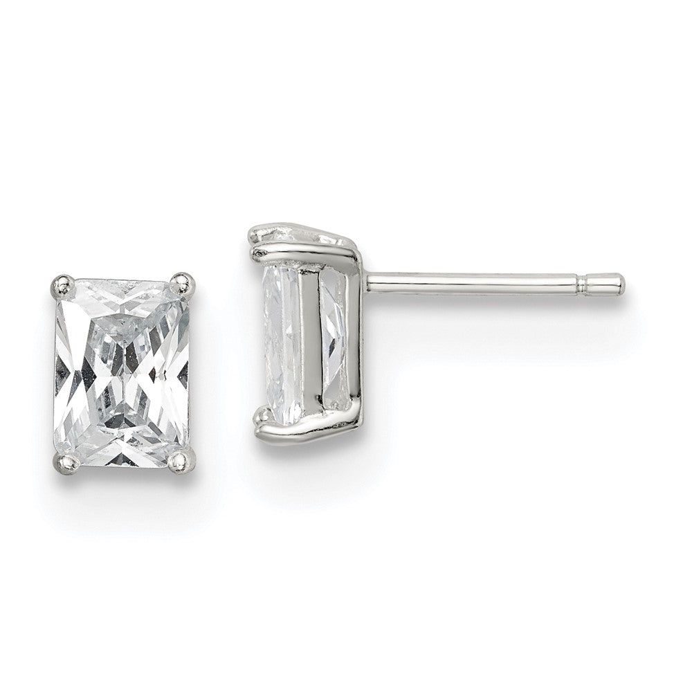 QE7557 Sterling Silver Polished Emerald-cut 7x5mm Basket Set CZ Stud Earrings