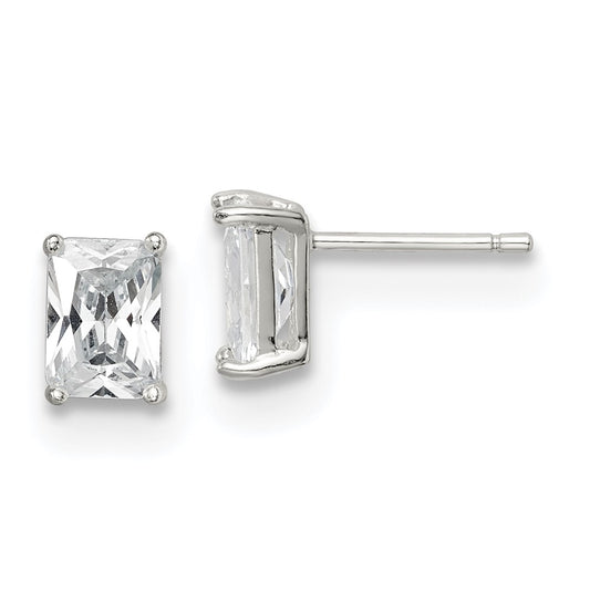 QE7557 Sterling Silver Polished Emerald-cut 7x5mm Basket Set CZ Stud Earrings