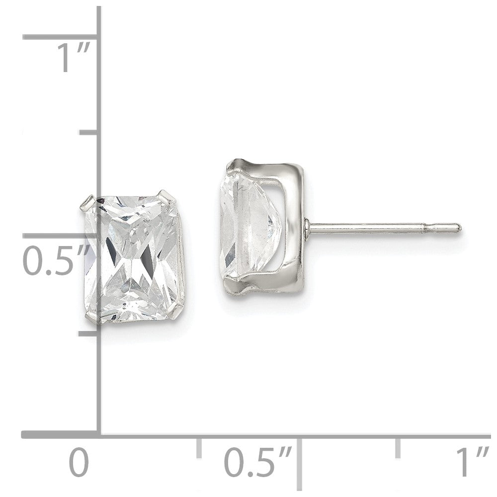 QE7558 Sterling Silver Polished Emerald-cut 8x6mm Basket Set CZ Stud Earrings