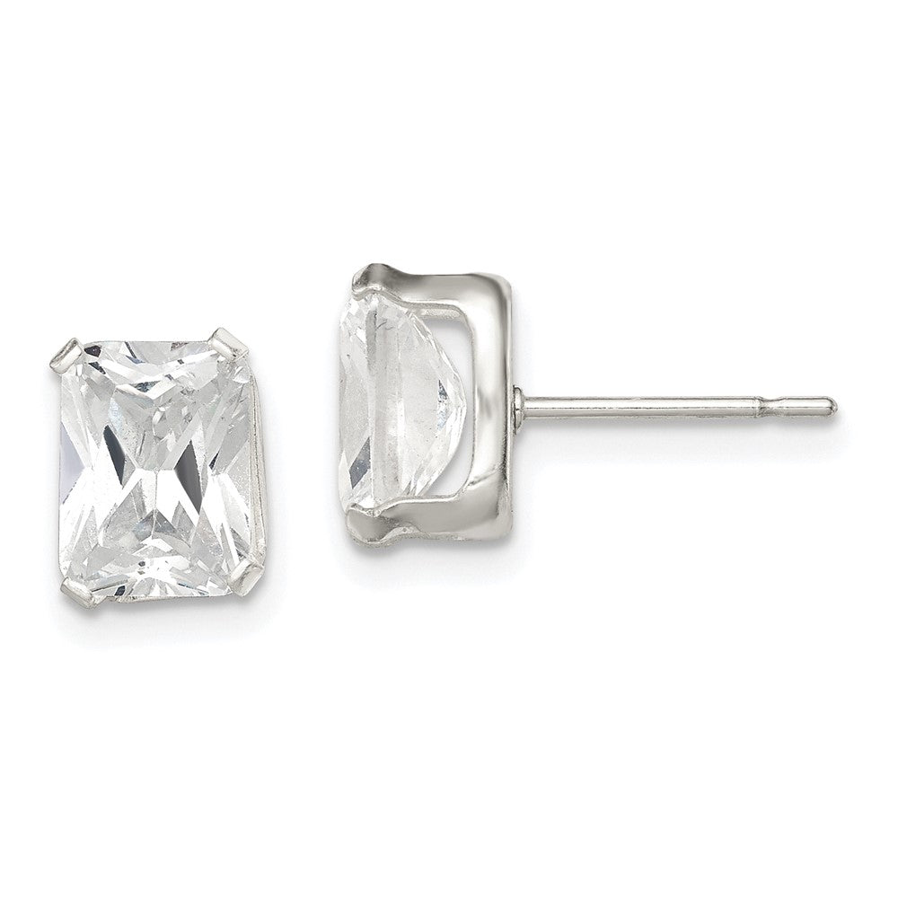 QE7558 Sterling Silver Polished Emerald-cut 8x6mm Basket Set CZ Stud Earrings