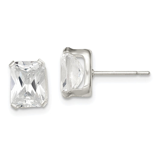 QE7558 Sterling Silver Polished Emerald-cut 8x6mm Basket Set CZ Stud Earrings