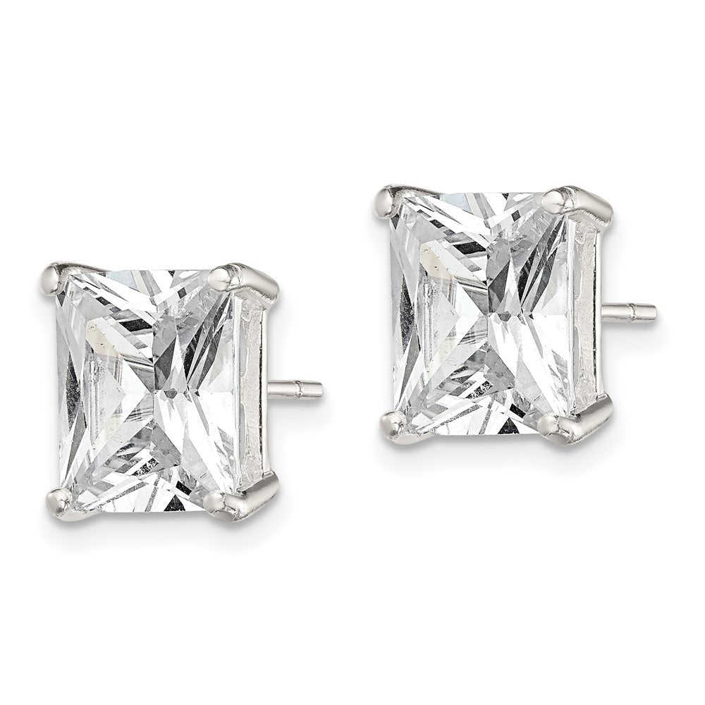 QE7559 Sterling Silver Polished Emerald-cut 10x8mm Basket Set CZ Stud Earrings