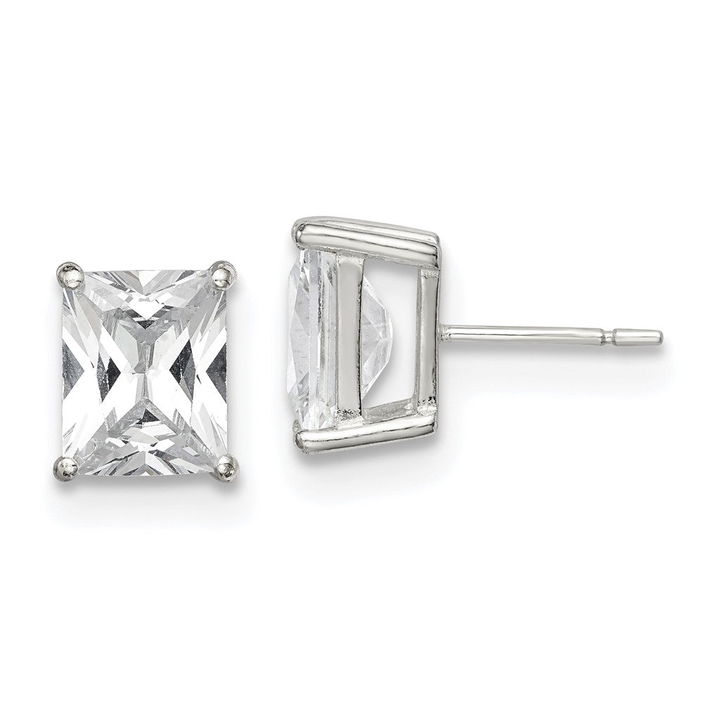 QE7559 Sterling Silver Polished Emerald-cut 10x8mm Basket Set CZ Stud Earrings