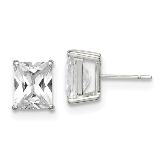 QE7559 Sterling Silver Polished Emerald-cut 10x8mm Basket Set CZ Stud Earrings