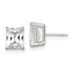QE7559 Sterling Silver Polished Emerald-cut 10x8mm Basket Set CZ Stud Earrings