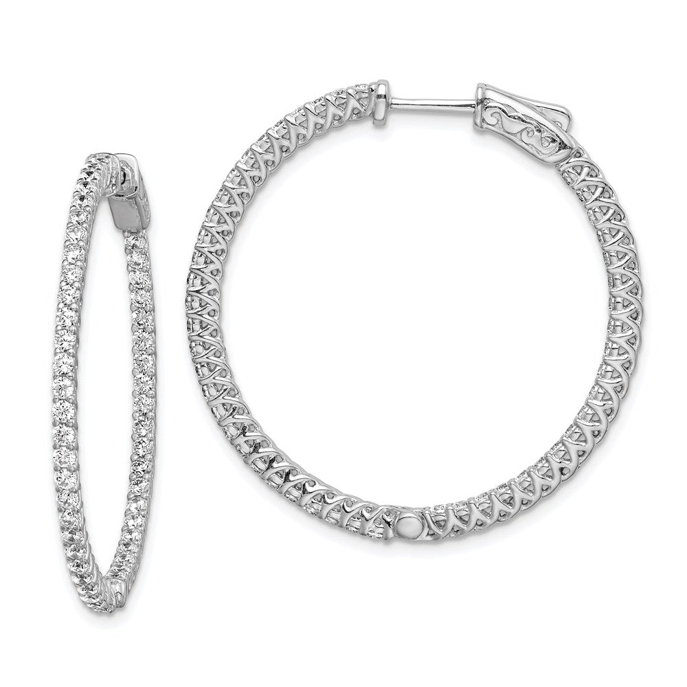 QE7574 Sterling Shimmer Sterling Silver Rhodium-plated 96 Stone 1.7mm CZ In and Out Round Hinged Hoop Earrings
