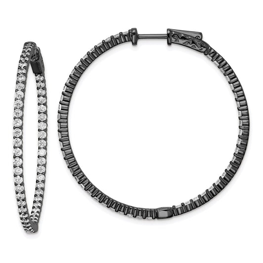 QE7577B Sterling Shimmer Black Rhodium-plated 100 Stone 2mm CZ In and Out Round Hinged Hoop Earrings