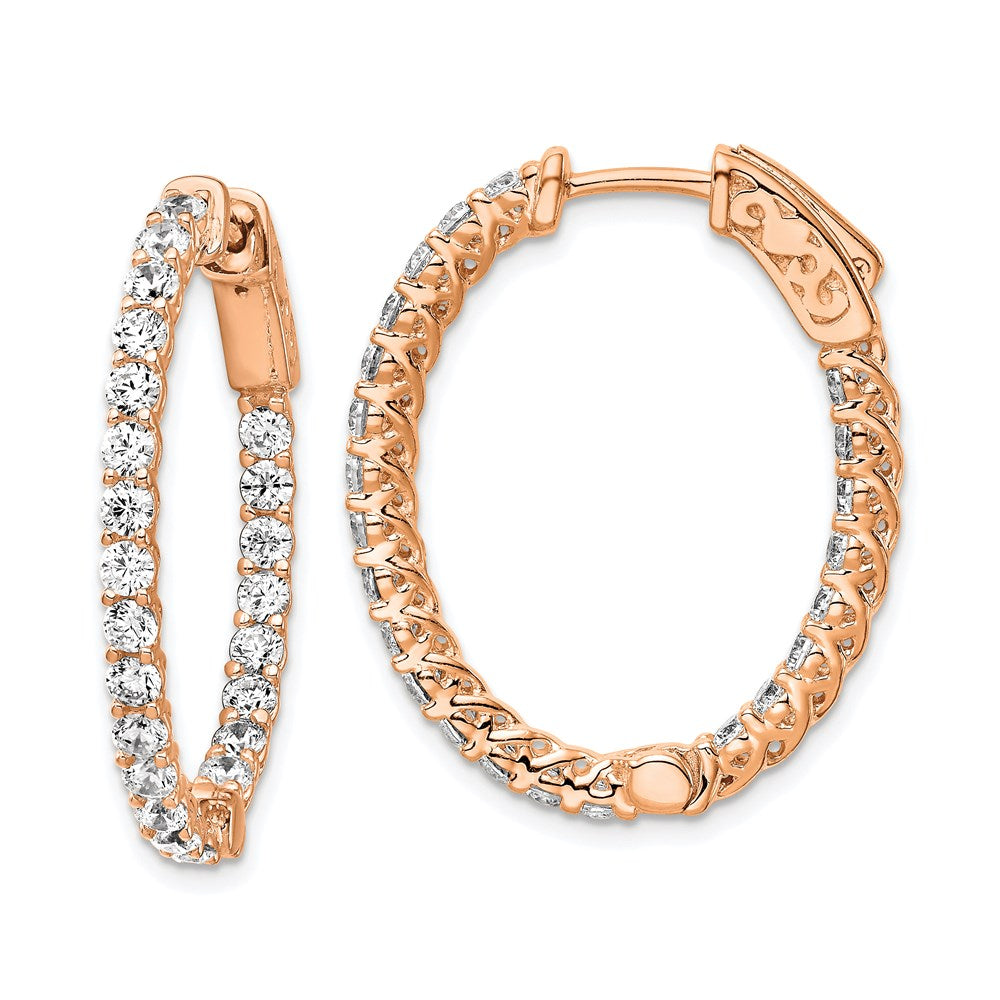 QE7578P Sterling Shimmer Sterling Silver Rose-tone Flash Rose Gold-plated 46 Stone 2.25mm CZ In and Out Oval Hinged Hoop Earrings