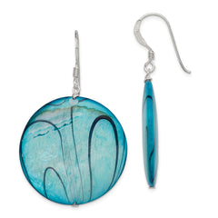 QE7615 Sterling Silver Polished Blue Mother of Pearl Circle Dangle Earrings
