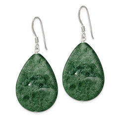 QE7617 Sterling Silver Polished Cracked Aventurine Green Teardrop Dangle Earrings