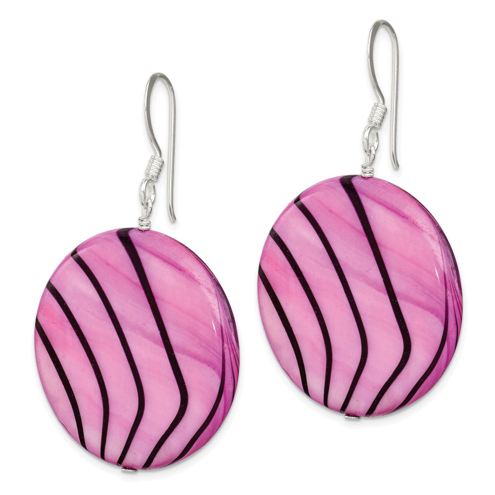 QE7620 Sterling Silver Polished Pink & Black Mother of Pearl Disc Dangle Earrings