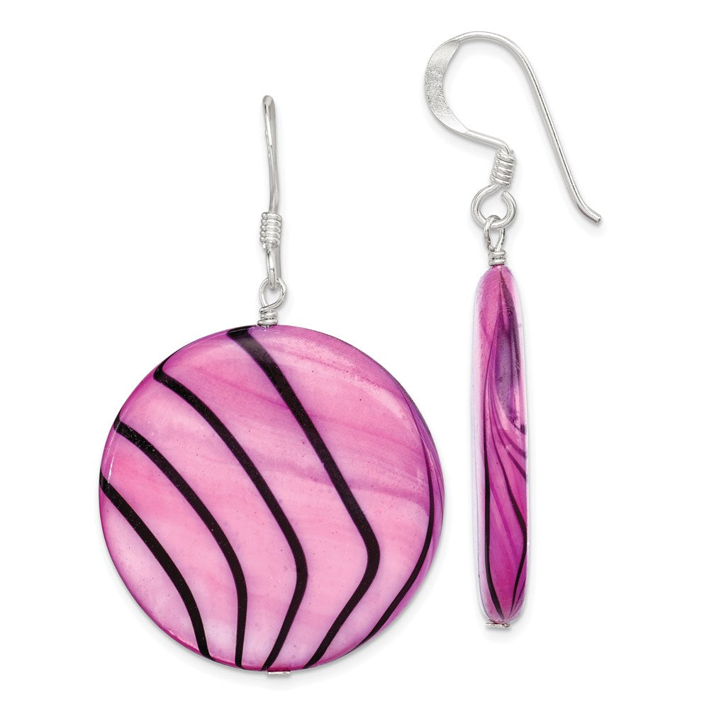 QE7620 Sterling Silver Polished Pink & Black Mother of Pearl Disc Dangle Earrings