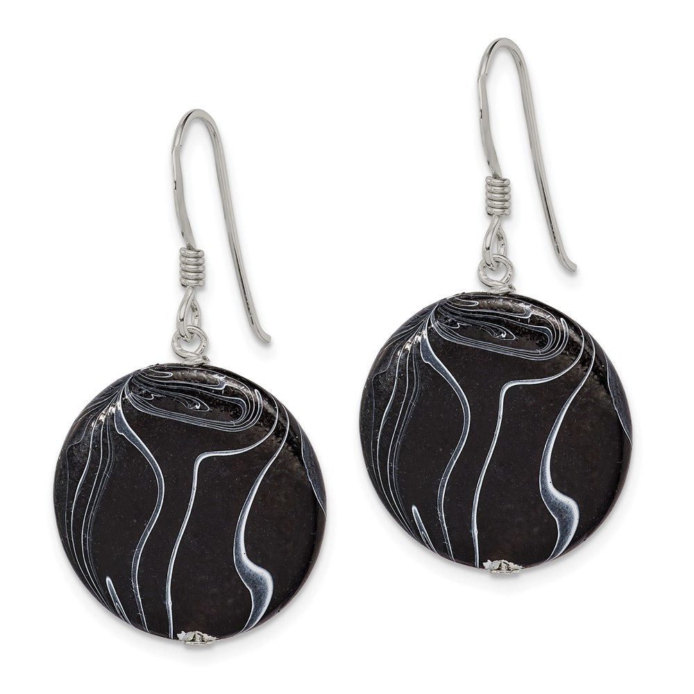 QE7621 Sterling Silver Polished Black Agate Disc Dangle Earrings