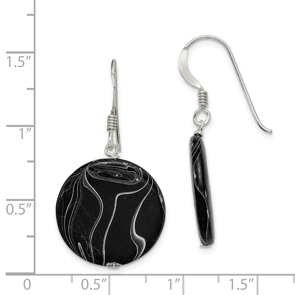 QE7621 Sterling Silver Polished Black Agate Disc Dangle Earrings