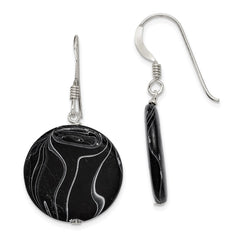 QE7621 Sterling Silver Polished Black Agate Disc Dangle Earrings