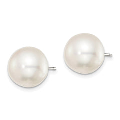QE7645 Sterling Silver Rhodium-plated 11-12mm White Button Freshwater Cultured Pearl Post Earrings